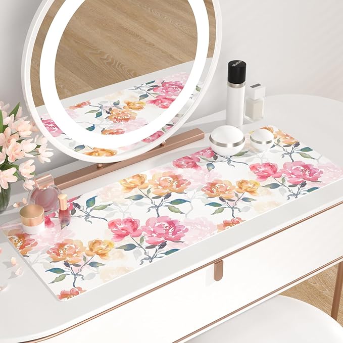 QiyI Floral Mouse Pad, Watercolor Flowers Desk Mat for Desktop, Women Girls Office Décor Accessories, PU Leather Waterproof Gaming Mousepad, Pink Yellow Peonies Desk Pad Computer Mat, 31.5" x 11.8"
