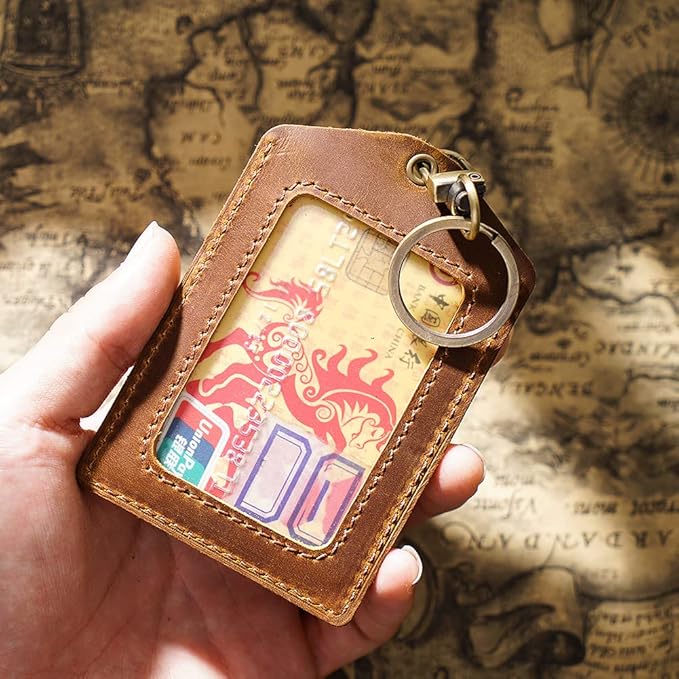 Badge Holder- Vertical Genuine Leather ID Badges Holder Durable Keychain ID Card Holder with Heavy Duty Neck Lanyard for Office, School, Conferences