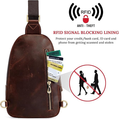 S-ZONE Leather Sling Bags for Women Men, Fanny Packs, Small Crossbody Purse Chest Bag with RFID Blocking