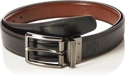 Perry Ellis Men's Portfolio Double Stitched Leather Reversible Belt, Brown/Black, Silver Prong Buckle, Burnished Edges