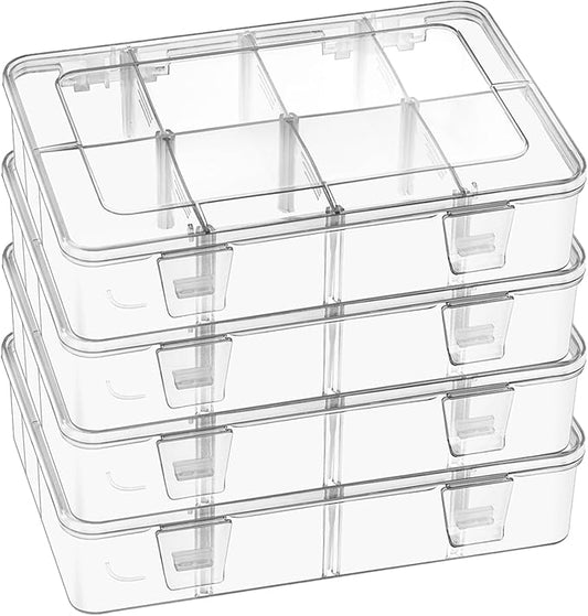 4 Pack 8 Grids Bead Organizer and Storage, Small Clear Plastic Divided Box with Removable Dividers and Labels for Snacks Candies Jewelry Crafts Electronics Small Parts Organizer Tackle Boxe(4)