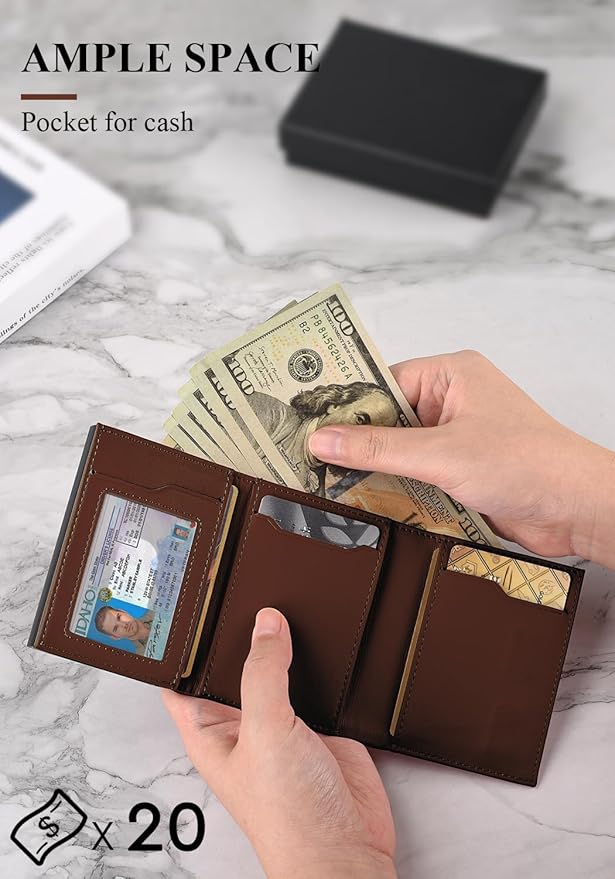 Pop Up Wallet for Men, Leather & Aluminum-Trifold Wallet for Men, Holds 12 Cards,20 Bills,Coins, ID Window, Functional & Minimalist Wallet, RFID Wallet for Men, Brown