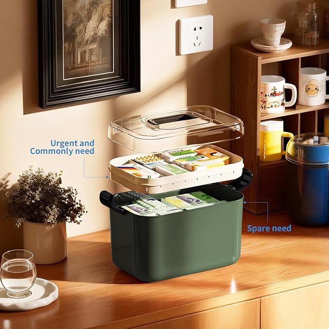 2 Tiers Medicine Organizer - Portable Medicine Storage Box with Handle, Large Capacity Plastic Medical Cabinet, Multipurpose Supply Organizer with Removable Tray, Empty First Aid Kit for Home