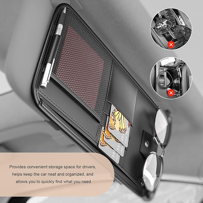 Car Sun Visor Organizer, PU Leather Multi-Pocket Visor Storage Pouch with Zipper, Auto Interior Document Holder Sunvisor Card Sleeve Pocket Organizer for Driving License Pen Key (Gray)