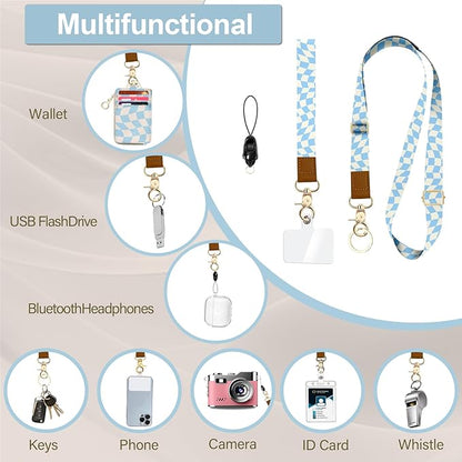 ID Badge Holder with Lanyard,Blue White Checkerboard Fashionable RFID Wallet Ring Keychain, PU Zip Wallet with Breakaway Lanyard Wristlet,Id Badge Holder for Women Teacher Nurse Office Gifts