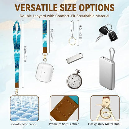 Blue Waves Leather Badge Holder with Zipper Pocket, Sea Work Lanyards and 1 Zip Pocket and 4 Card Slots, Gamer Breakaway Lanyards with Metal Clasp for Boys, Adult, Teachers