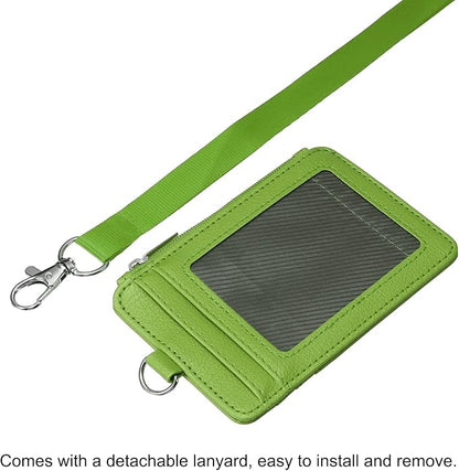 MECCANIXITY ID Badge Holders with Lanyard, Vertical PU Leather 5 Card Slots Zipper Portable Wallet Clear Window for Office, Green