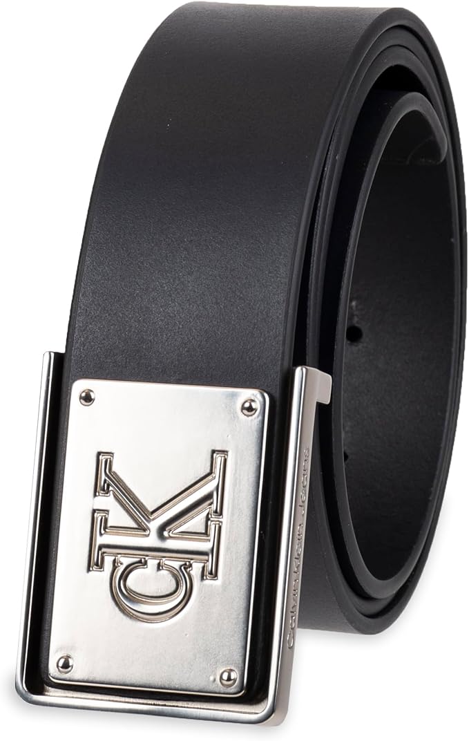 Calvin Klein Men's Plaque Buckle Belt - Casual Modern Style With Logo Detail for Jeans and Dress Pants