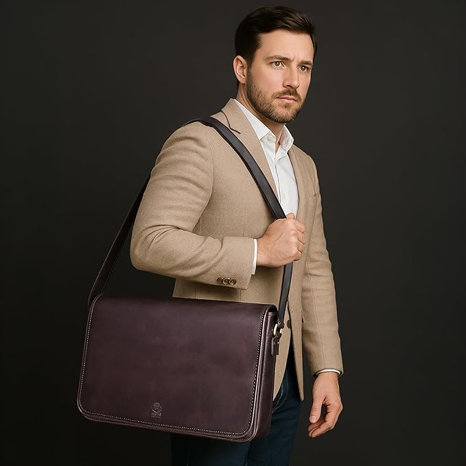 Leather Messenger Bag for Men 16" Full Grain Leather Laptop Bag Vintage Crossbody Office Satchel Travel Shoulder Bag