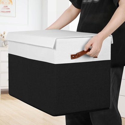 Gowee Large Toy Storage Box with Lid, Sturdy Toys Storage Chest Bin Organizer Basket with Dividers for Kids, Boys, Girls, Nursery, Closet, Bedroom, Playroom 25"x13" x16" (Black and White)