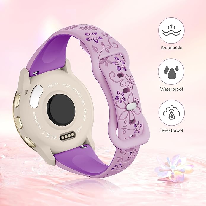 Laband 18mm Floral Engraved Band Compatible With Garmin Venu 3S 41mm/Venu 2S/Vivoactive 4S/Vivomove 3S/Venu 4 41mm/Forerunner 255S/Forerunner 265S,Soft Slim Silicone Cute Embossed Flower Strap for Men