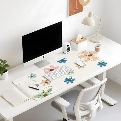 Mouse Pad Leather Desk Mat Large Keyboard Cute Office Desktop Computer Laptop XXL Long Big Aesthetic Modern Design Women Girls Gaming Gamer Oversized Wide Mousepad 31.5"x15.7", Line Flower