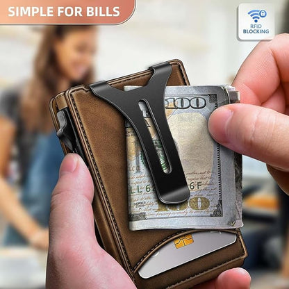 Genuine Leather Wallet for Men Slim Magnetic Flip Bifold with Money Clip and Metal Card Case Holds 9 Cards Ideal for Gifts and Daily Use (Tiger Eye)
