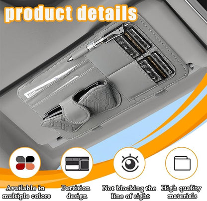 Car Sun Visor Organizer, Leather Multi Pocket Vehicle Visor Storage Pouch for Sunglasses Card License, Multifunctional Auto Interior Organization Accessories, Universal Fit (Gray)
