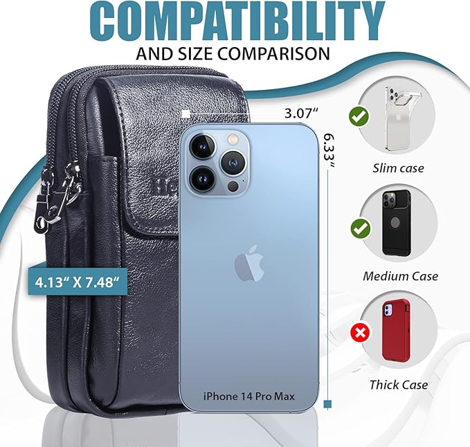 Hengwin Leather Phone Pouch Fits for iPhone 16 Pro Max 15 Plus 14 Pro Max 13 Pro Max 12 Pro Max Samsung Galaxy S24 Ultra S23 Ultra S22 Ultra Holster Belt Clip Case Crossbody Purse Shoulder Bag (Black)
