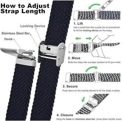WOCCI 20mm Braided Nylon Watch Band for Men and Women, Quick Release, Silver Stainless Steel Buckle (Black)