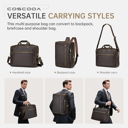 Large Full Grain Leather Briefcase Convertible Backpack For Men Business Travel Case Messenger Bag Fits 17.3" Laptop