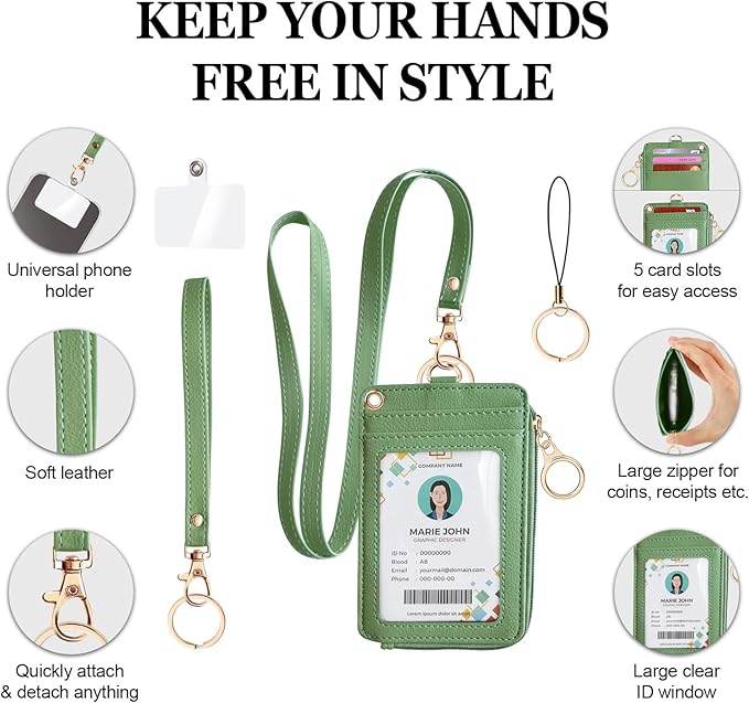 bolimoss 2-in-1 ID Badge Holder & Lanyard Wallet for Women Teacher, PU Leather ID Badge Wallet Case with Detachable Wristlet & Neck Lanyard, Clear Window, 5 Card Slots, 1 Side Zipper Pocket, Green