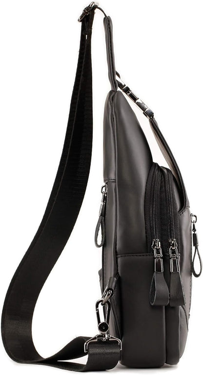 Hebetag Leather Sling Bag Hiking Daypack for Men Women Outdoor Travel Camping Fishing Crossbody Shoulder Chest Pack Daypack Small Black