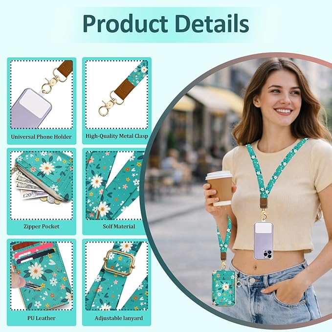 Lanyard Wallet, PU Leather Flower Lanyards for ID Badges, RFID Blocking, Detachable Phone Lanyard Keychain Wristlet Wallet, ID Badge Holder with Zipper Pocket for Office School Business