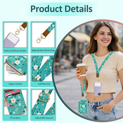 Lanyard Wallet, PU Leather Flower Lanyards for ID Badges, RFID Blocking, Detachable Phone Lanyard Keychain Wristlet Wallet, ID Badge Holder with Zipper Pocket for Office School Business