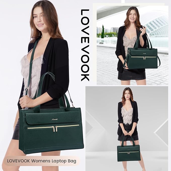 LOVEVOOK Laptop Bag for Women 15.6 Inch Tote Work Professional Leather Computer Briefcase Waterproof Handbag Shoulder Large Capacity Business Teacher Office Crossbody Purse, 131# Dark Green