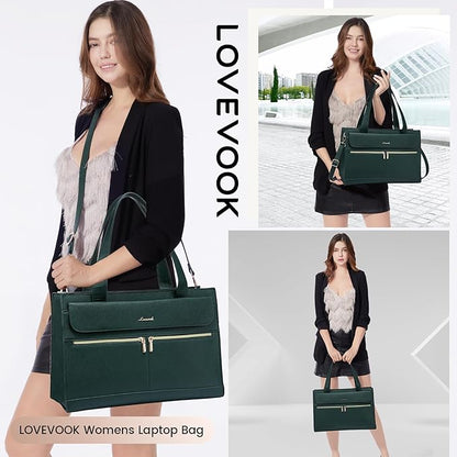LOVEVOOK Laptop Bag for Women 15.6 Inch Tote Work Professional Leather Computer Briefcase Waterproof Handbag Shoulder Large Capacity Business Teacher Office Crossbody Purse, 131# Dark Green