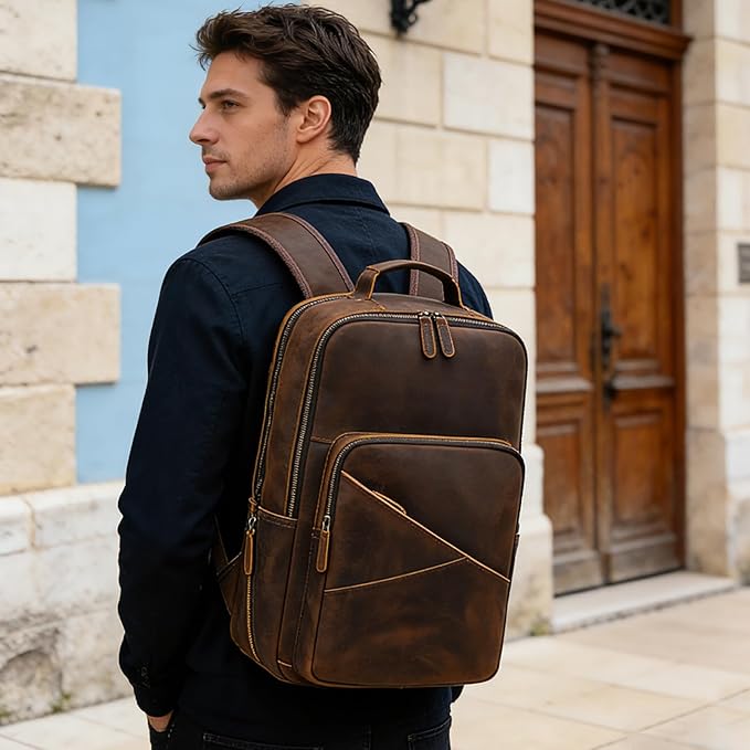 Vintage Full Grain Leather Backpack for Men, 16" Laptop Rucksack For Men Hiking Trave Work Business Bag, Brown