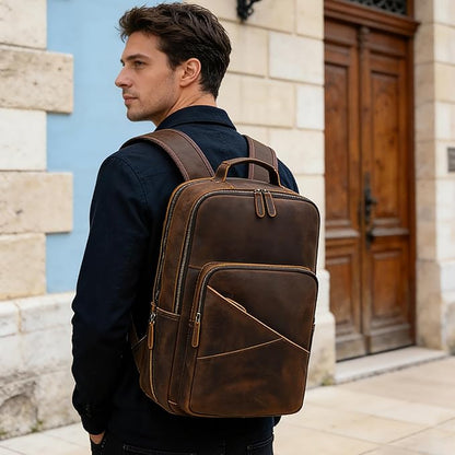 Vintage Full Grain Leather Backpack for Men, 16" Laptop Rucksack For Men Hiking Trave Work Business Bag, Brown