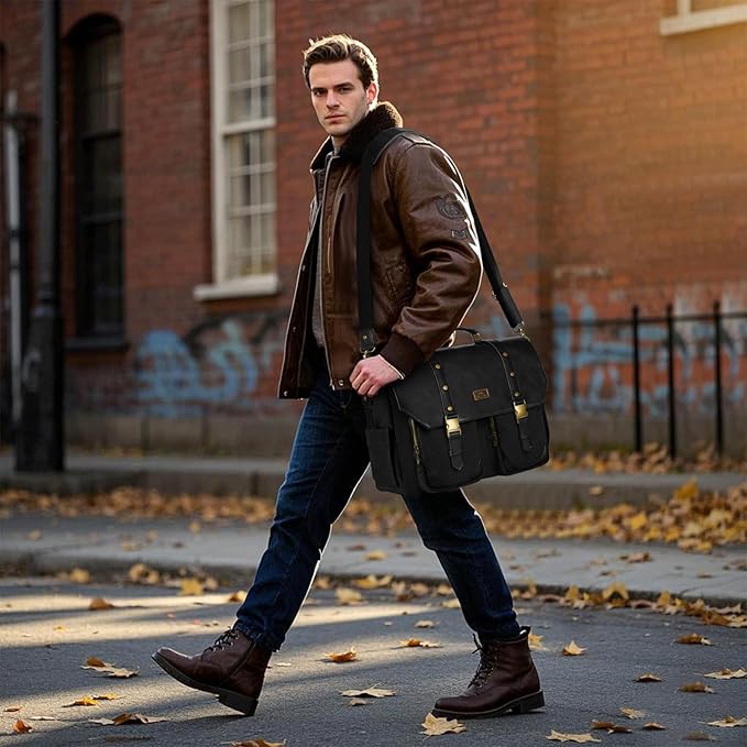 MATEIN Canvas Work Bag with USB Charging Port & RFID Blocking, 15.6 Inch Laptop Messenger Bag Vintage Briefcase for Men, Water Resistant Business Computer Satchel Crossbody for Commuting Travel, Black