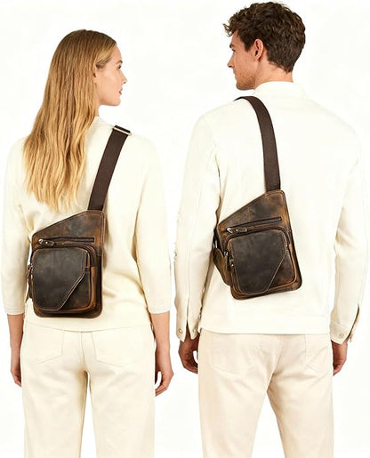 Thick Crazy horse Leather Triangle Crossbody Sling Chest Bag Travel One Shoulder Bag Daypack For Men Male 3028