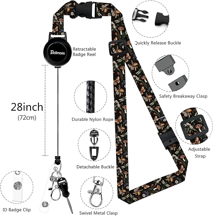 bolimoss Mushroom Lanyards for Id Badges, Cute Badge Holder with Retractable Reel Clip, Leather Work Name Tag Breakaway Lanyard Vertical ID Card Protector Case for Women Nurse Doctor Teacher Student