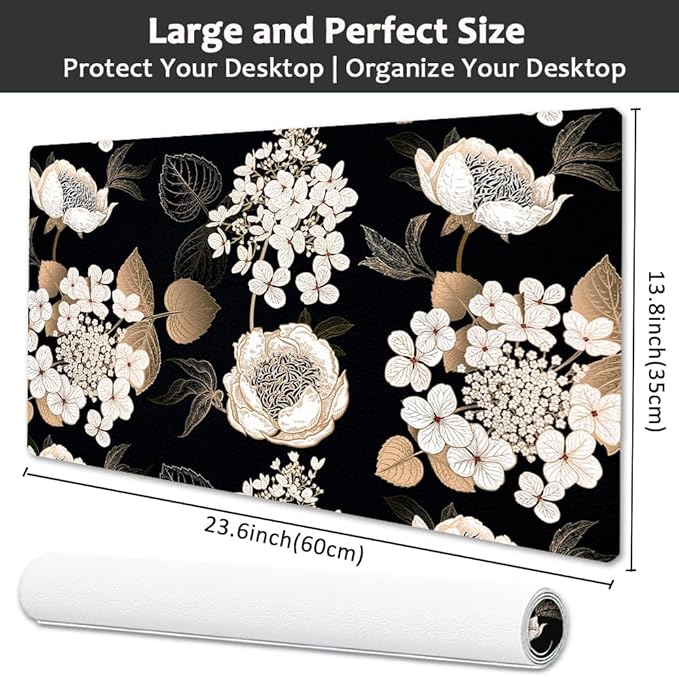 Large Desk Mat, Dual Side PU Leather Waterproof Mousepad Desk Pad, Desk Protector Writing Pads Desk Accessories for Office and Home (C-Black Gold Flower, 24''X14'')
