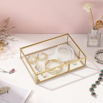 Hipiwe Gold Glass Photo Box - Vintage Photo Storage Organizer, Trinket Box Jewelry Display Organizer Photo Keepsake Box Case Home Decor (Medium)