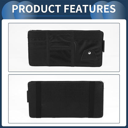 Car Sun Visor Organizer, Auto Visor Storage Pouch with Zipper W/Elastic Slot with Sunglasses Holder for Cards License Pen Organizer PU Leather Black