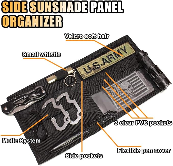 Car Molle Visor Panel Organizer, Car Sun Visor Organizer Tactical Storage Holder Pouch, Nylon Sunshade Pocket with Velcro Strap for Pen Card Sunglass, Visor Accessories for Car SUV Truck