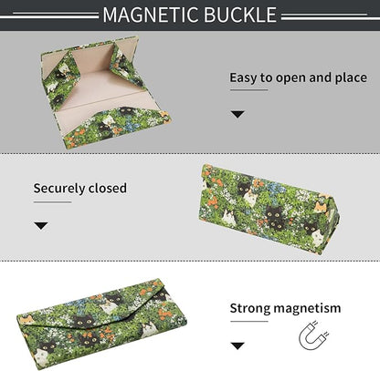 Foldable Glasses Case, Magnetic PU Leahter Sunglasses Case, Cute Hard Shell Folding Eyeglass Cases for Women Kids