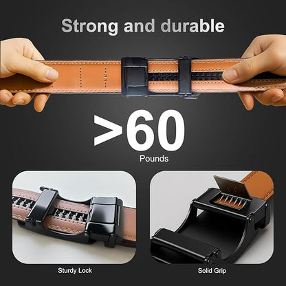 Men's Ratchet Belt Genuine Leather No-Hole Slide Buckle - Adjustable Men's Dress & Casual Belt