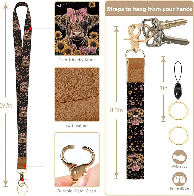 bolimoss Highland Cow RFID Badge Holder with Lanyard Wallet, Leather Sunflower Breakaway Lanyards for ID Holder with Wrist Strap, Small Id Case Wallet with Zipper Pocket for Nurse Teacher Student Work