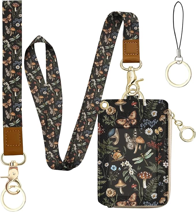bolimoss Mushroom Lanyard for Id Badge, Cute Women Lanyard with Wallet,ID Badge Holder with Neck & Wristlet Lanyard, VintagePu Leather Zip Id Case Wallet with Removable Lanyard, Keychain Wallet