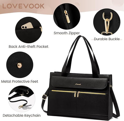 LOVEVOOK Laptop Tote for Women - 15.6 Inch Professional PU Leather Computer Briefcase, Waterproof Handbag, Large Capacity Business Teacher Office Bag, Crossbody Purse - Black