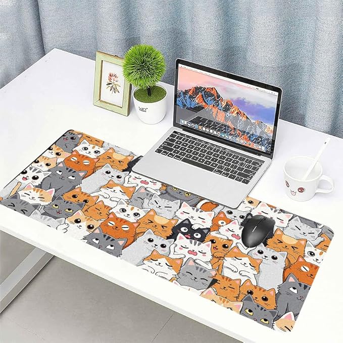 Positively Adorable Cat Desk Mat - 23.62 * 11.81in Desk Pad, Large Non-Slip PU Leather Pad for Aesthetic Home Office & Gaming,A Gift for Cat Lovers