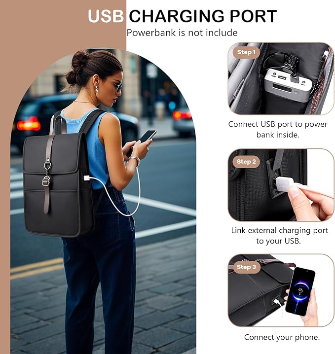 Slim Vintage Laptop Backpack for Men & Women, 15.6 Inch Business Work Backpack with USB Charging Port, Anti-Theft Flap Computer Bag for Commuter Travel – Black