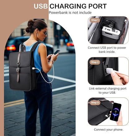 Slim Vintage Laptop Backpack for Men & Women, 15.6 Inch Business Work Backpack with USB Charging Port, Anti-Theft Flap Computer Bag for Commuter Travel – Black