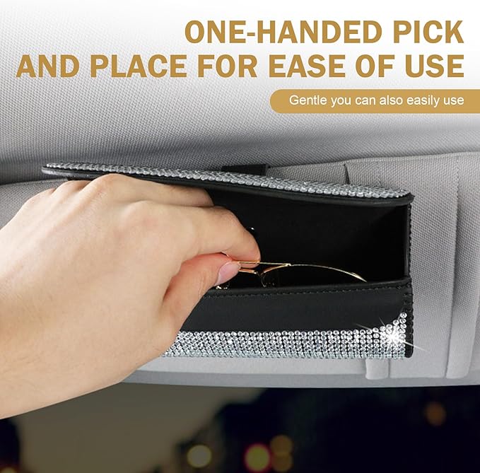 Bling Sunglasses Holder for Car Sun Visor, Rhinestone Auto Eyeglasses Mount Clip Organizer, Leather Sunvisor Sunglasses Storage Case, Universal Glasses Holder Clips for SUV, Sedan, Van (AB)
