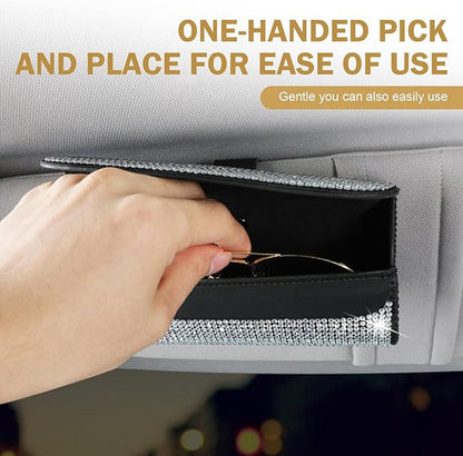 Bling Sunglasses Holder for Car Sun Visor, Rhinestone Auto Eyeglasses Mount Clip Organizer, Leather Sunvisor Sunglasses Storage Case, Universal Glasses Holder Clips for SUV, Sedan, Van (AB)