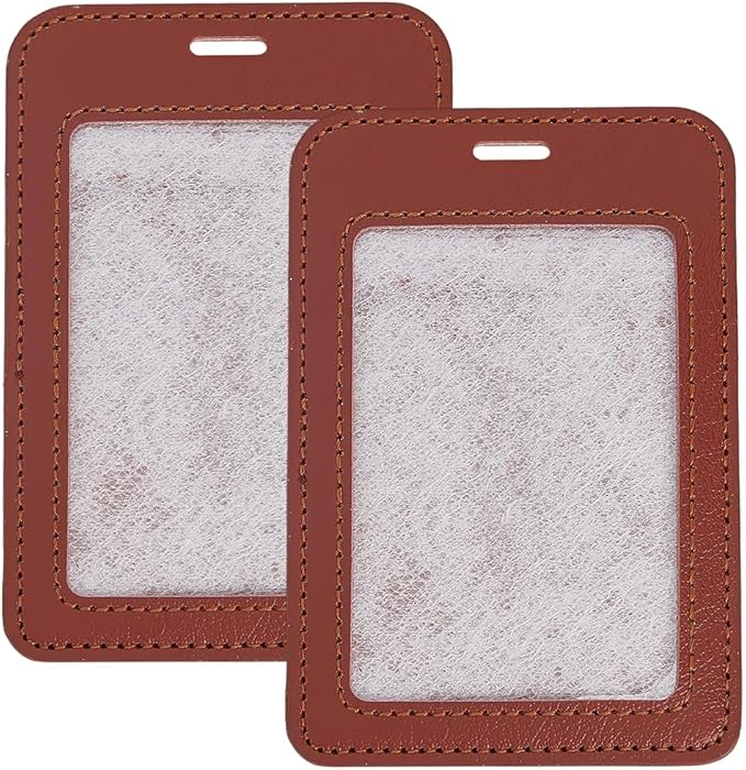 2PCS Brown PU Leather ID Card Case Vertical Sided Badge Holder Waterproof Leather Photocard Protector Name Badge Pouch with Clear Window for Office Staff Students School Driver's Licenses