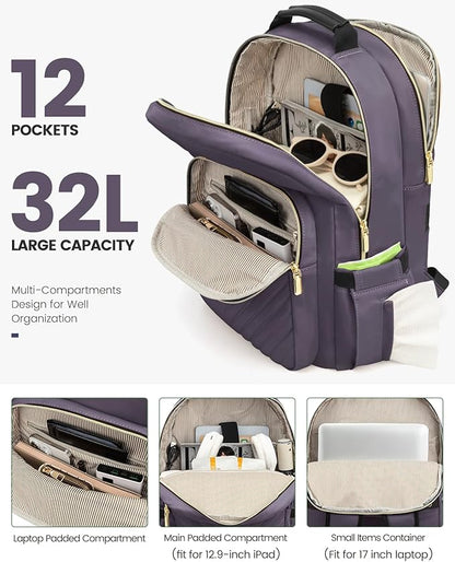LOVEVOOK Laptop Backpack for Women, Large Capacity Travel Computer Work Bag with 17-inch Laptop Compartment, Business Nurse Backpack Purse, Hiking Outdoor Carry On Backpack, Purple Grey