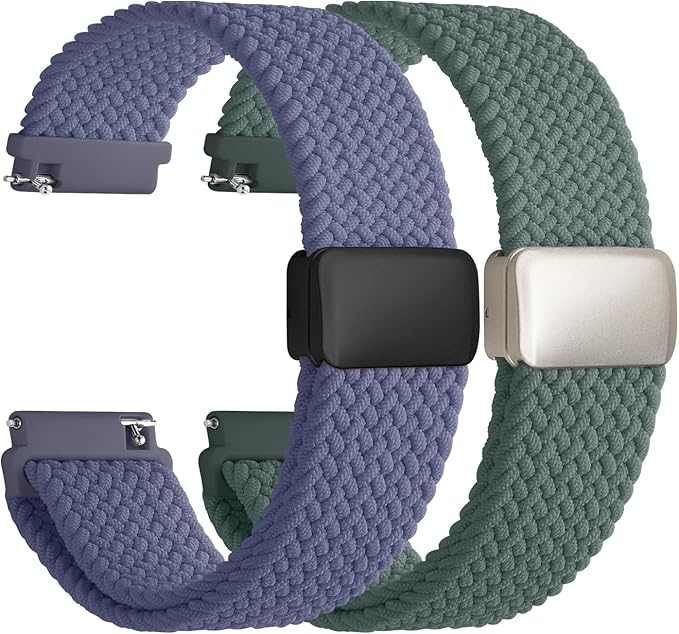 Fullmosa Magnetic Braided Watch Bands - 18mm 20mm 22mm Quick Release Watch Strap, Stretchy Nylon Solo Loop Compatible with Garmin Samsung Galaxy Amazfit for Men Women(20mm, Green+Blue Grey)