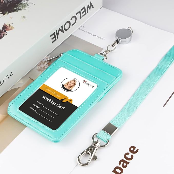 Teskyer Leather Badge Holder with Lanyard and Retractable Badge Reel, 4 Card Slots ID Card Holder with 1 Zipper Pocket for Office School Name Work IDs, Green